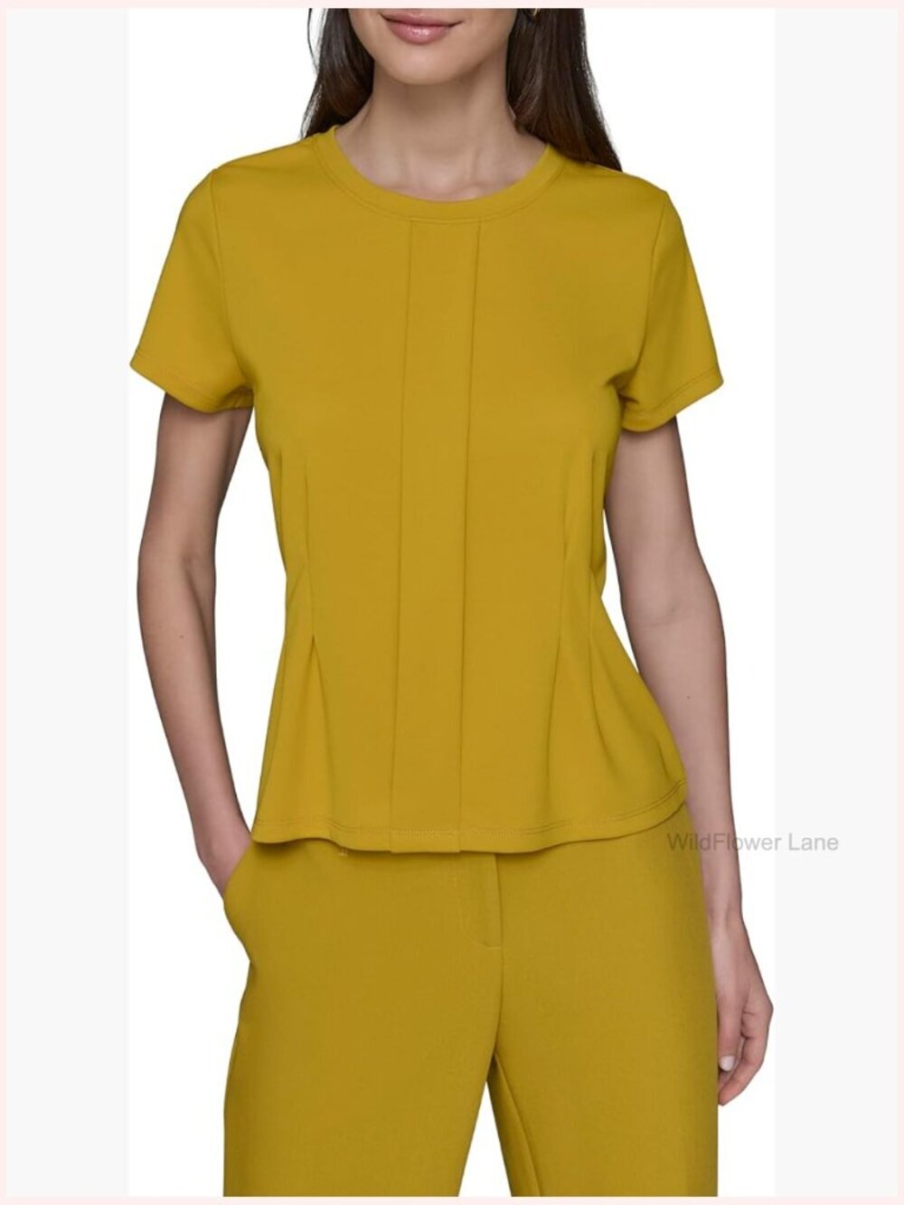 Short Sleeve Round Neck Pleat Front Peplum Blouse
